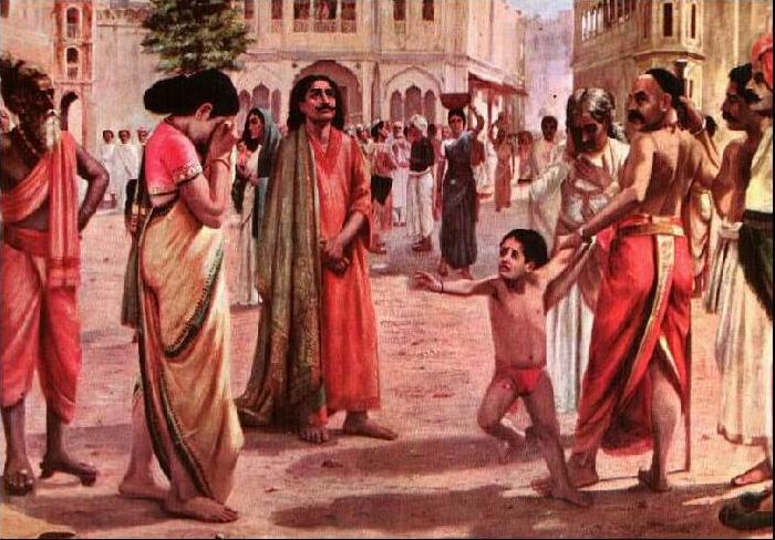 Raja Ravi Varma Harischandra in Distress, having lost his kingdom and all the wealth parting with his only son in an auction